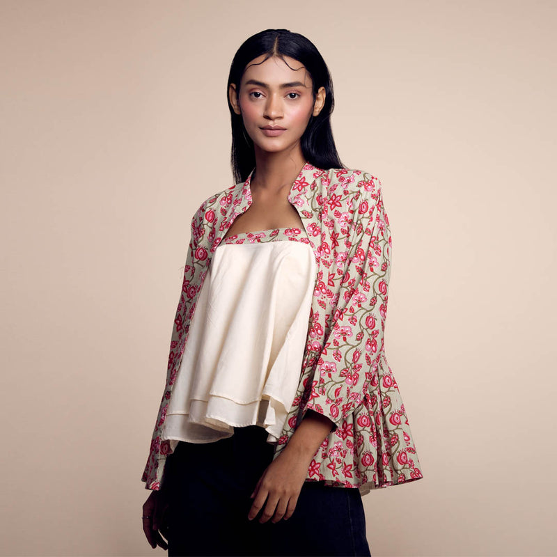 Red-Green Floral Printed Cotton Jacket With Tube Top Set