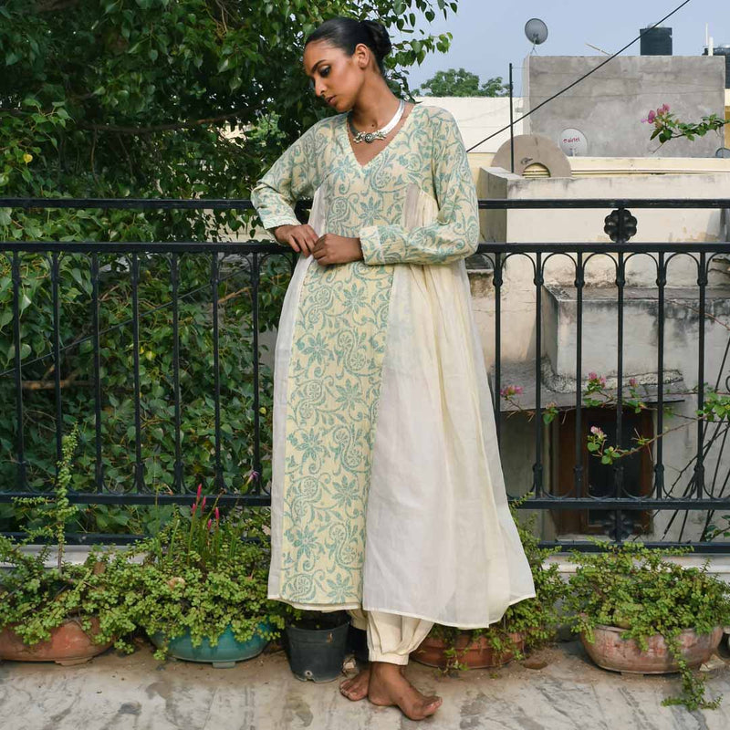 Ambri Kurti - Aqua Blue & Offwhite
