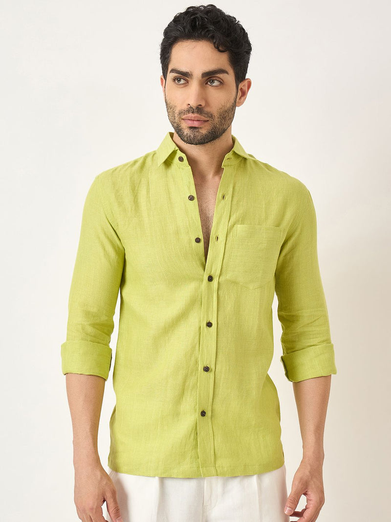 Fresh Green: Full Sleeves 100% Linen Shirt