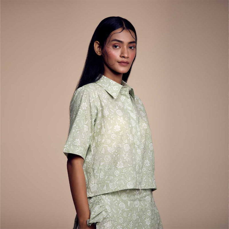 Pastel Green Cotton Printed Crop Shirt