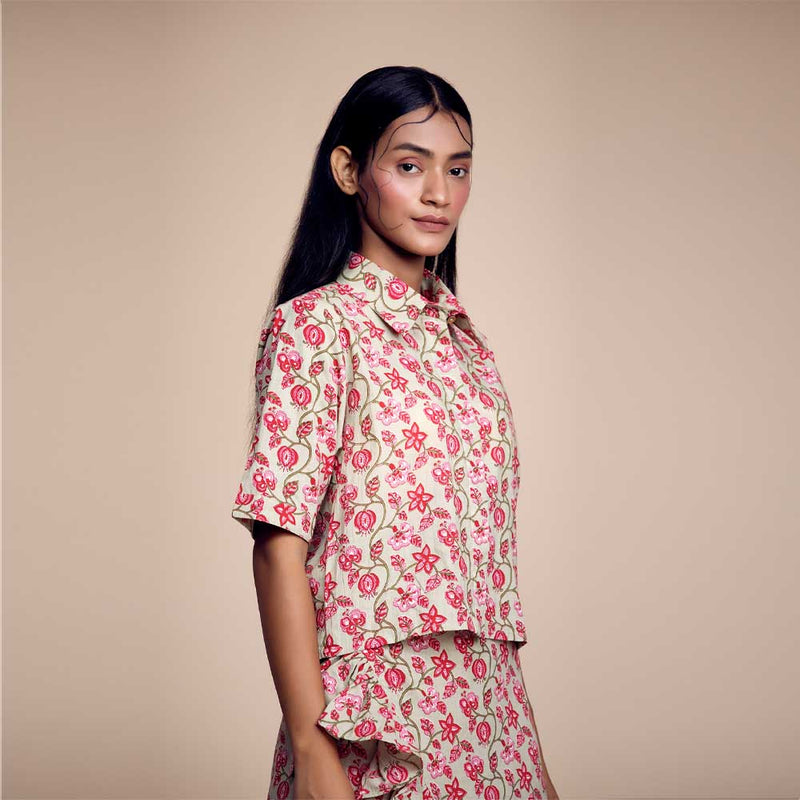 Red-Green Floral Cotton Printed Crop Shirt