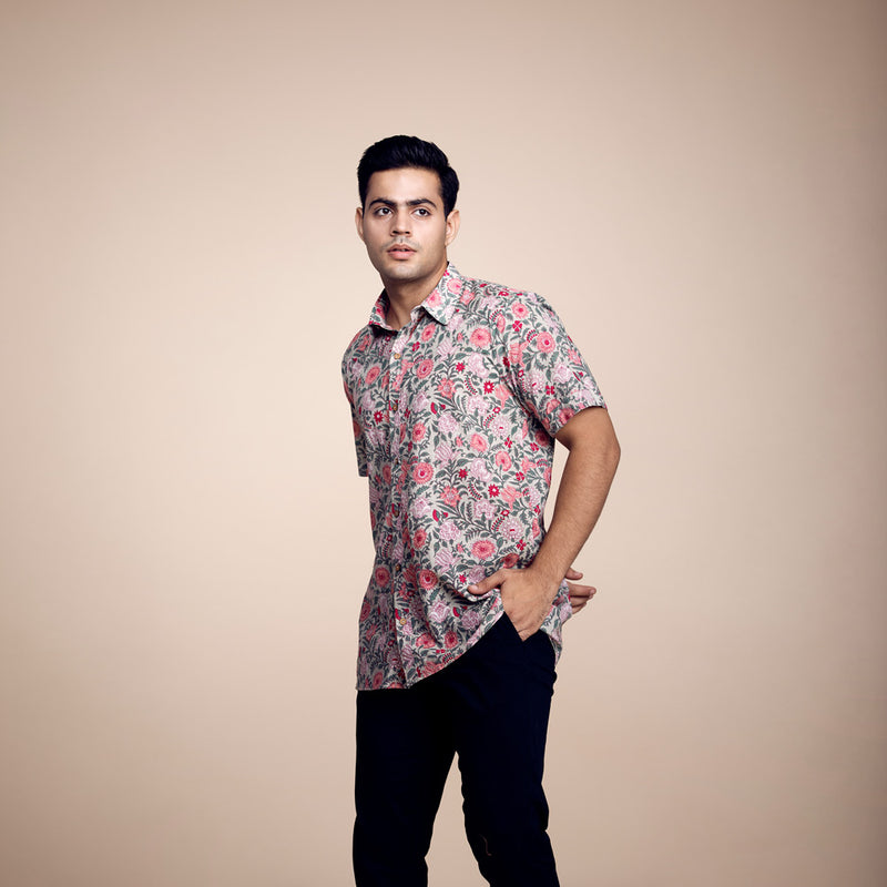 Green-Pink Floral Printed Cotton Shirt