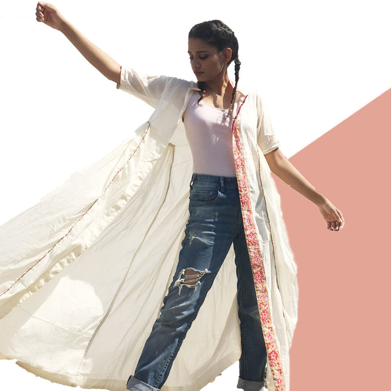 Off-White Cotton Long Kurti/Shrug