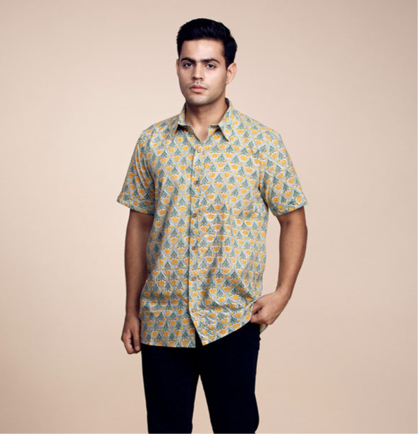 Zesty Fusion: Trendy Green-Yellow Cotton Printed Shirt for Bold Fashion Statements