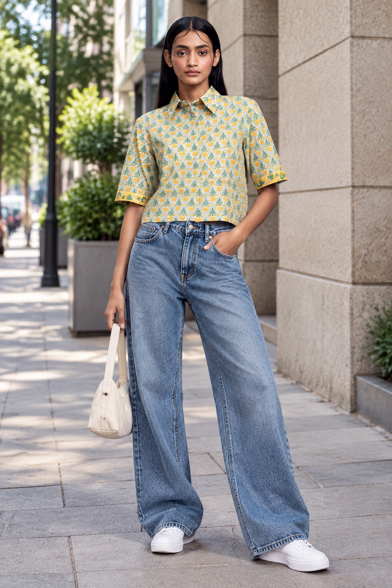 Green Yellow Cotton Printed Crop Shirt