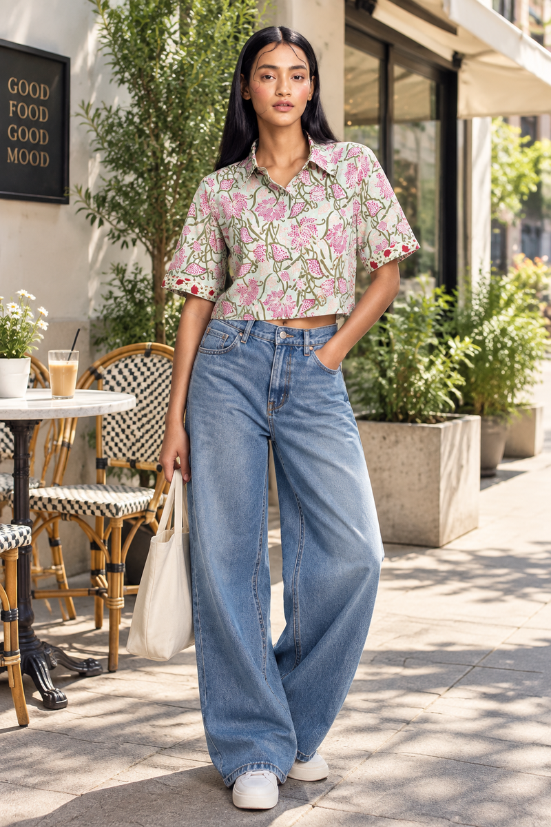 Mint Green Floral Cotton Printed Crop Shirt