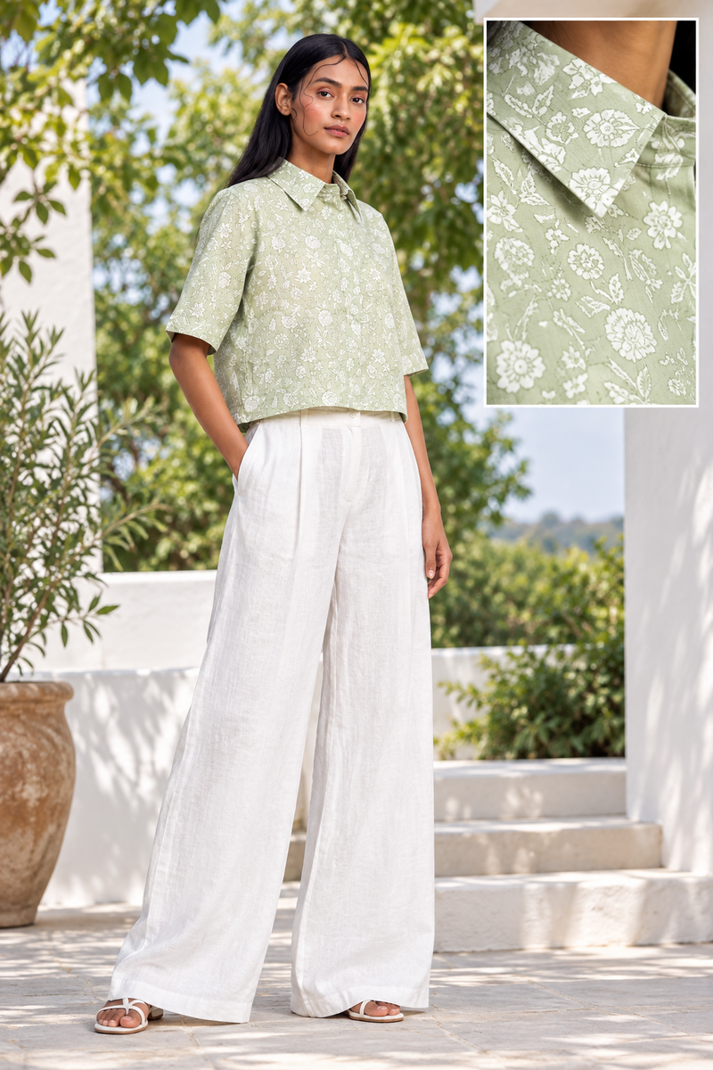 Pastel Green Cotton Printed Crop Shirt
