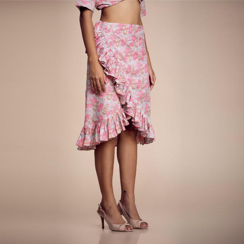 Blue-Pink Printed Cotton Skirt