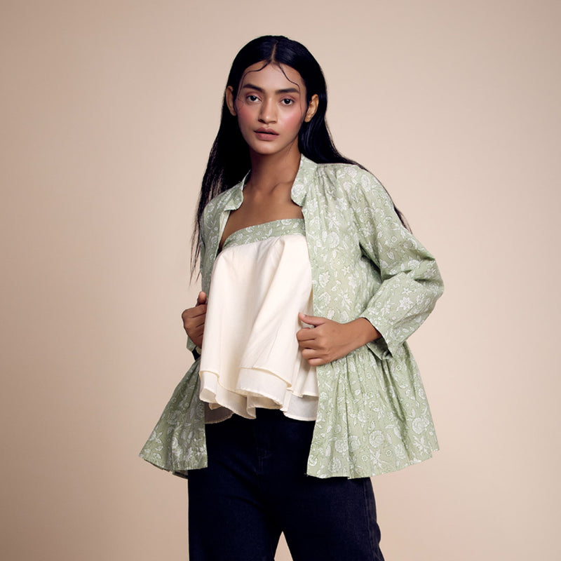 Pastel Green Printed Cotton Jacket With Tube Top Set