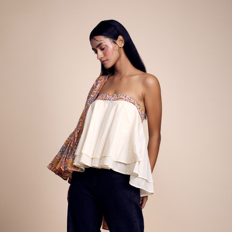 Burnt-Orange Printed Cotton Jacket With Tube Top Set