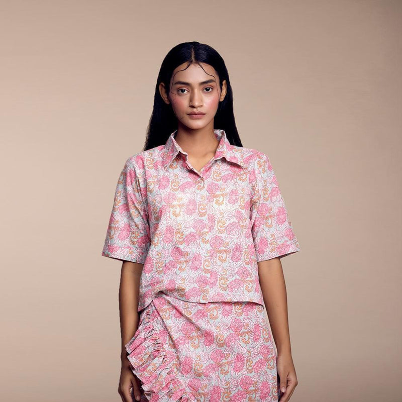 Blue-Pink Cotton Printed Crop Shirt