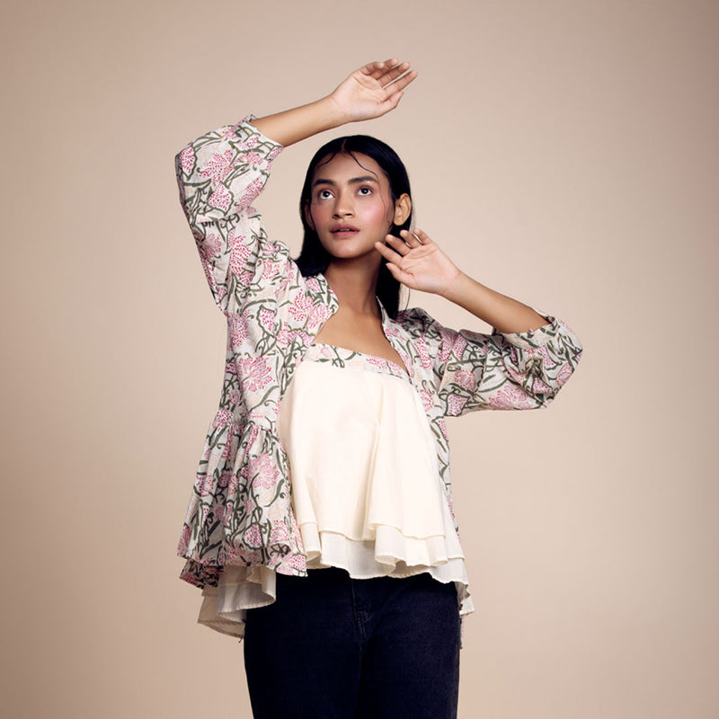Mint-Green Floral Printed Cotton Jacket With Tube Top Set
