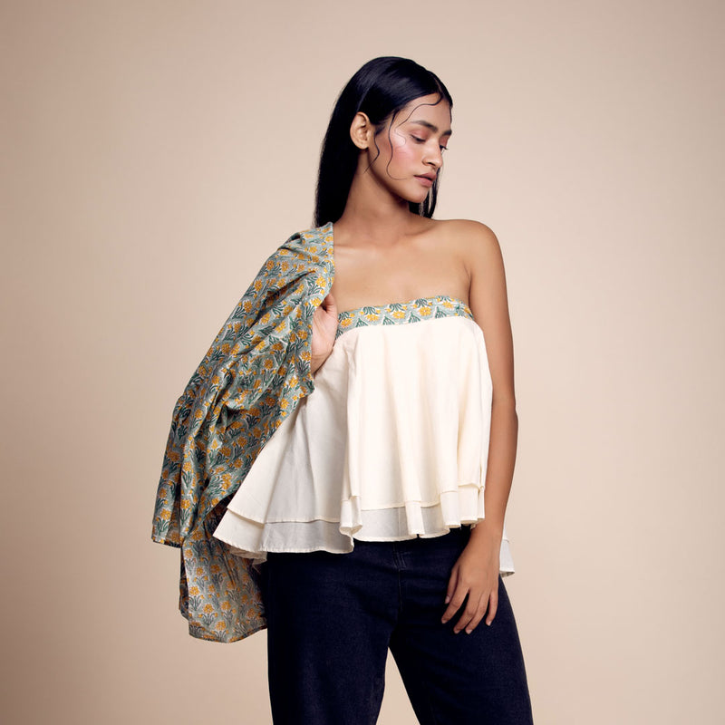 Green-Yellow Printed Cotton Jacket With Tube Top Set