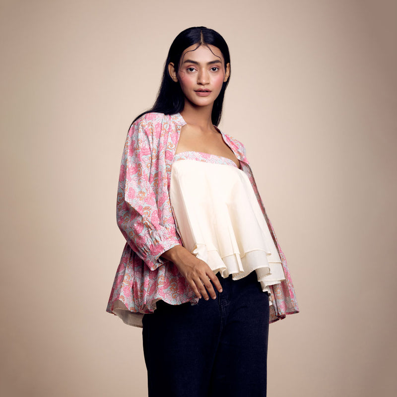 Whimsical Harmony: Blue-Pink Printed Cotton Jacket & Tube Top Set