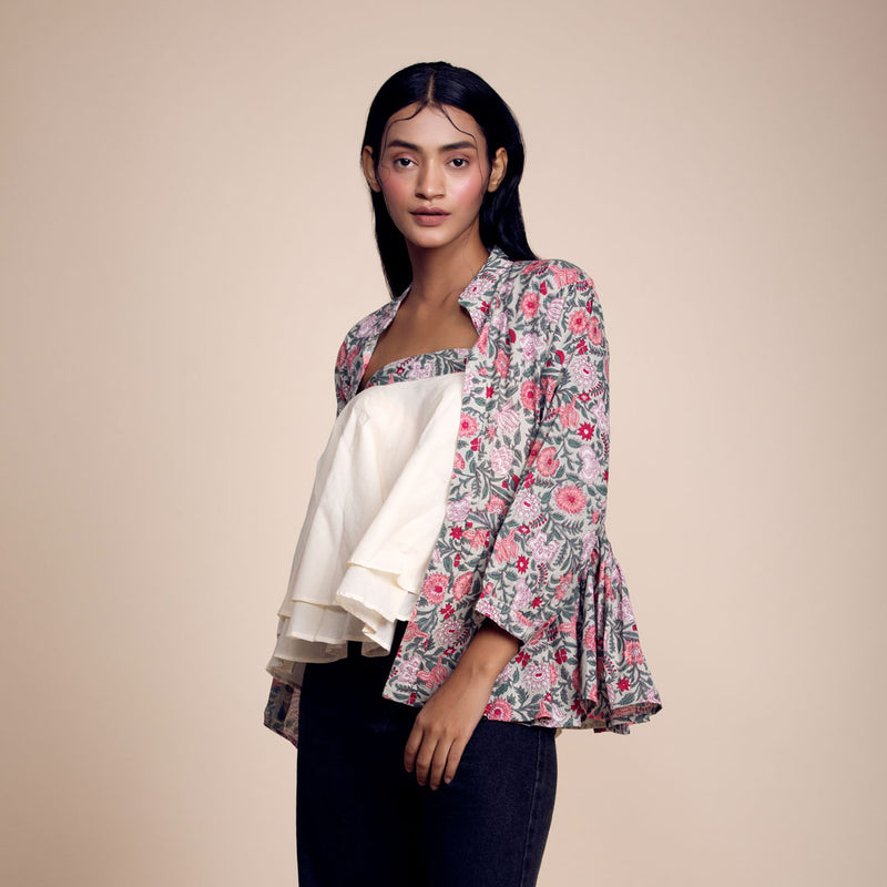 Floral Finesse: Trendy Green-Pink Printed Cotton Jacket with Tube Top Set for Chic Coordination