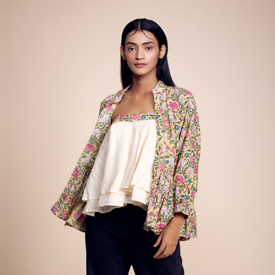 Yellow Floral Printed Cotton Jacket With Tube Top Set