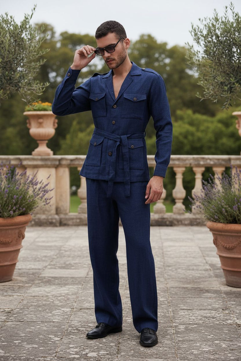 Men’s Blue Linen Shacket & Trouser Co-ord Set (Set of 2)