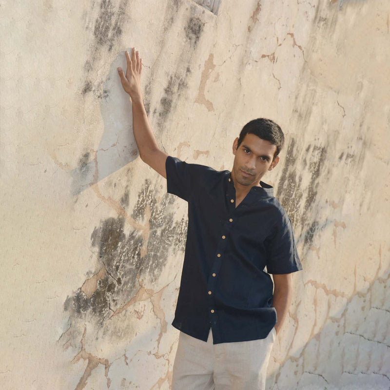 Midnight Blue: Linen Half Sleeves Shirt