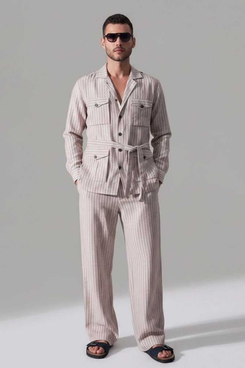 Men’s Beige Blue Stripe Linen Shacket & Trouser Co-ord Set (Set of 2)