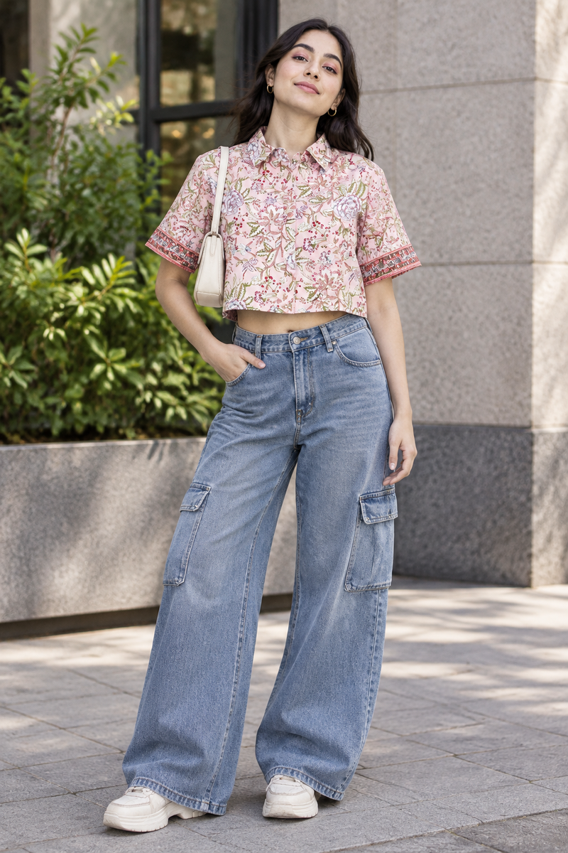 Pink Crop Cotton Shirt
