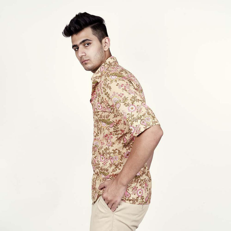 Botanical Bloom Beige Floral Printed Cotton Shirt
