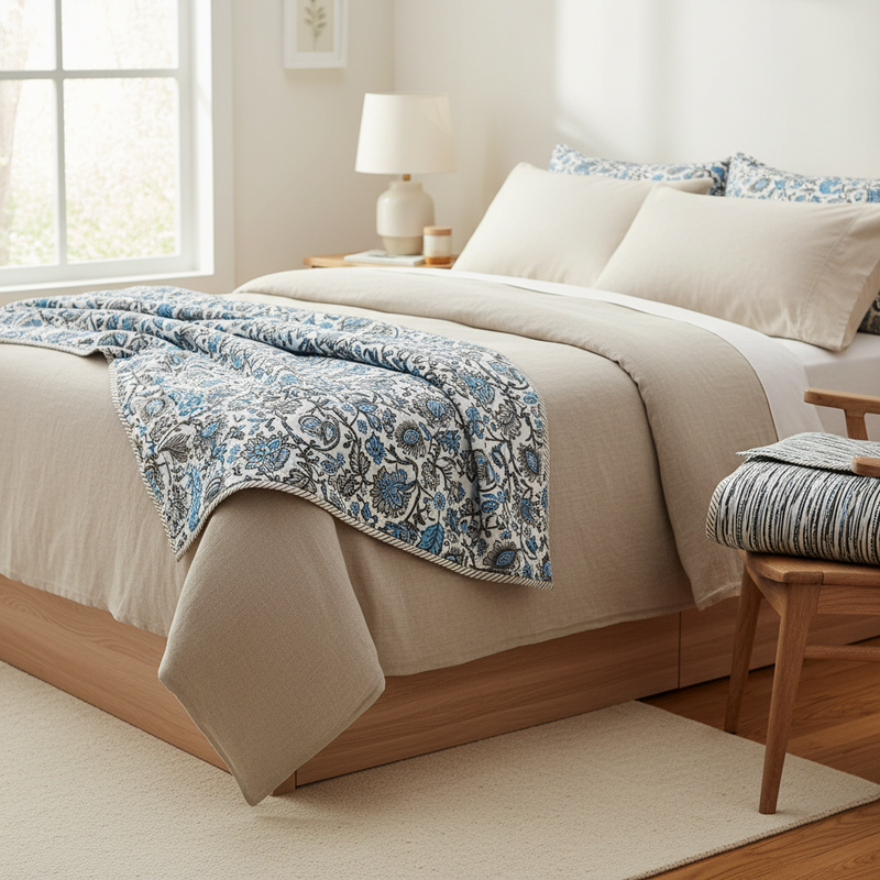 Blue Floral & Abstract Reversible Cotton Dohar Set (Pack of 2)