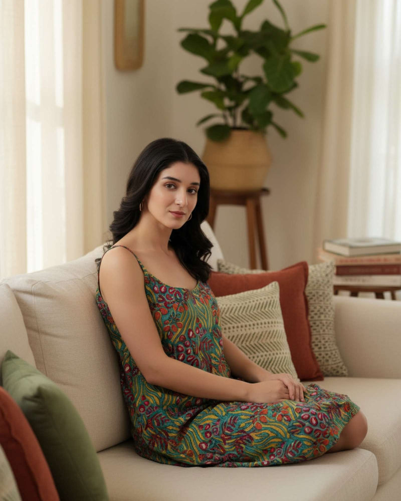 Woman in a floral dress sitting on a couch in a cozy living room.