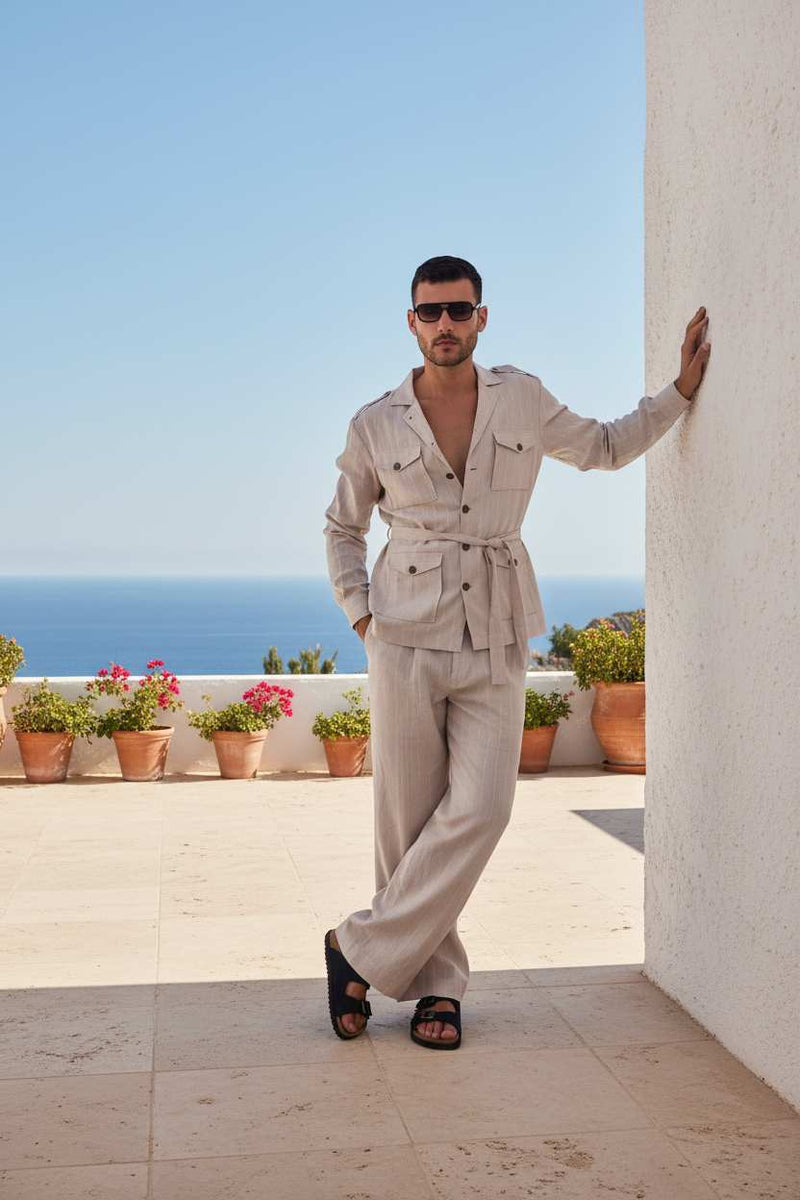 Men’s Beige Stripe Linen Shacket & Trouser Co-ord Set (Set of 2)