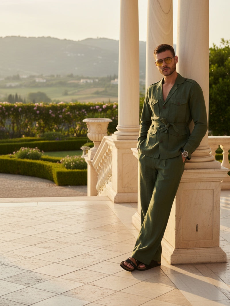 Men’s Olive Linen Shacket & Trouser Co-ord Set (Set of 2)