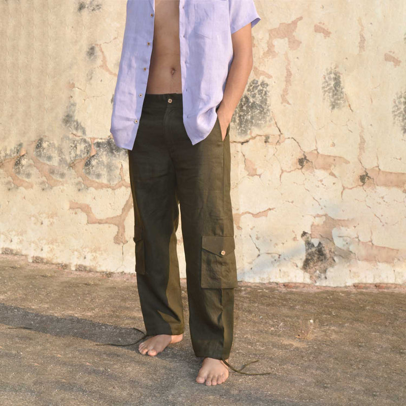 Verdant Adventure: Olive Linen Casual Cargo Pants
