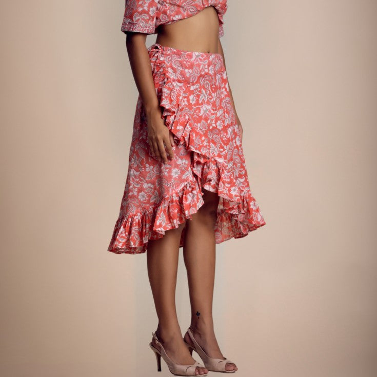 Orange Printed Cotton Skirt