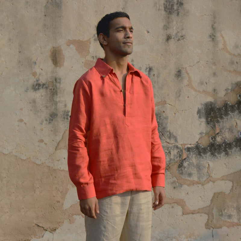 Rose Red Elegance: Full Sleeves Linen Shirt