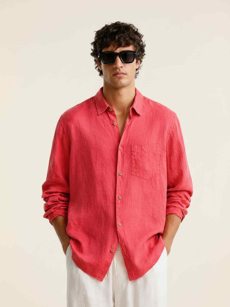 Radish Pink: Full Sleeves 100% Linen Shirt