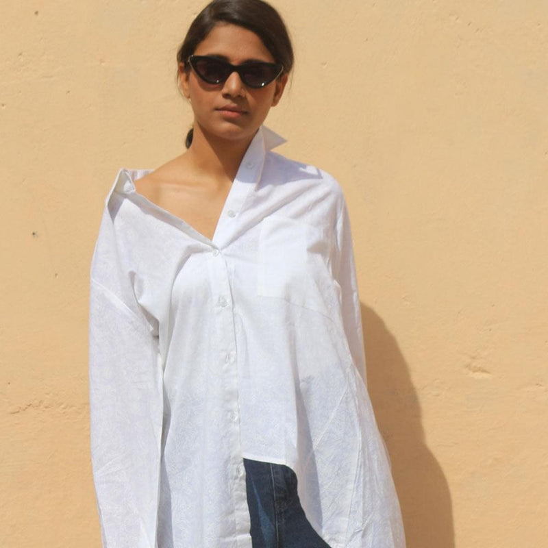 Crisp Classic: White Cotton Button-Up Shirt with a Modern Twist
