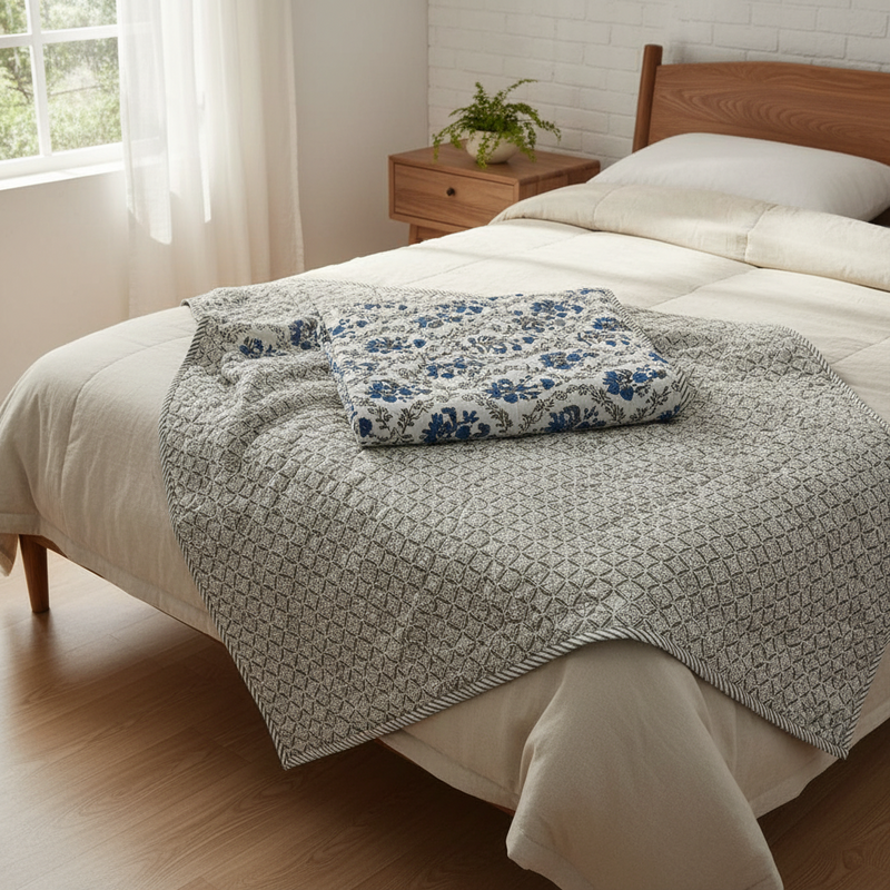 Indigo Floral Reversible Cotton Dohar Set (Pack of 2)