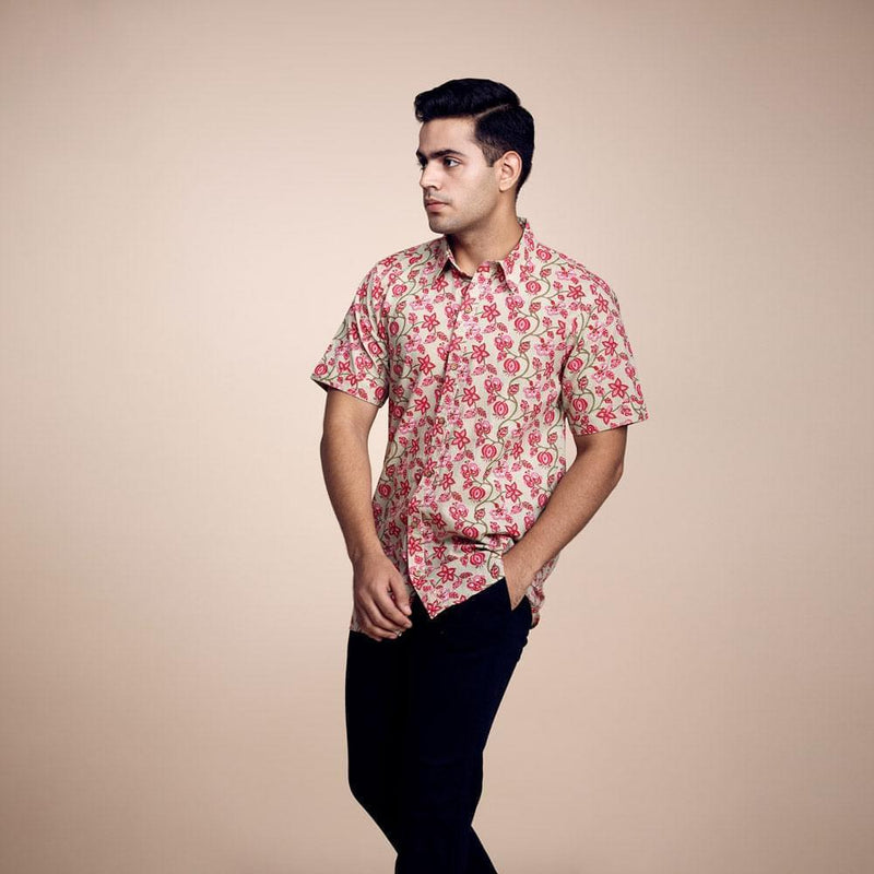 Botanical Bliss: Red-Green Floral Cotton Printed Shirt with a Stylish Twist