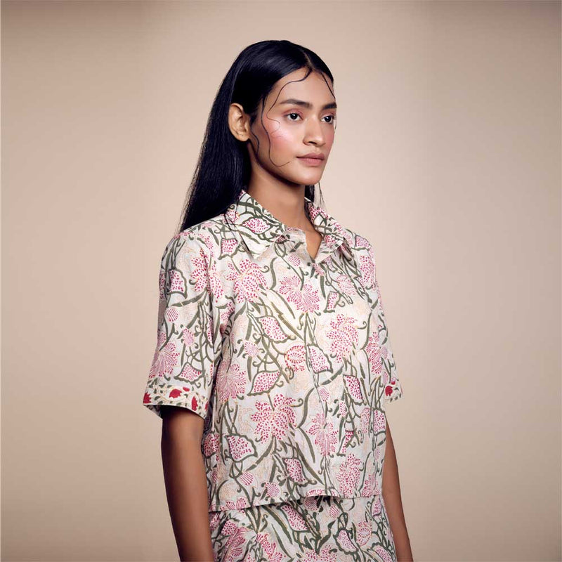 Mint-Green Floral Cotton Printed Crop Shirt
