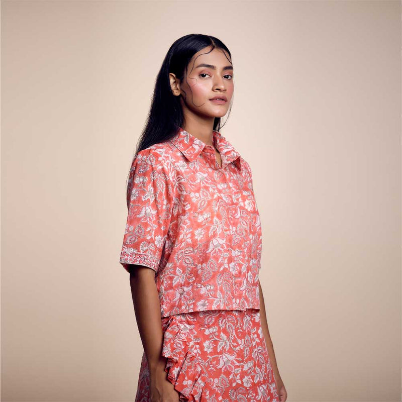Orange Cotton Printed Crop Shirt