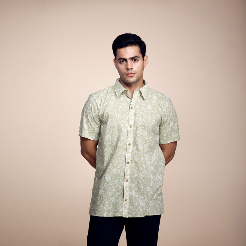 Whispering Meadow: Pastel Green Printed Cotton Shirt