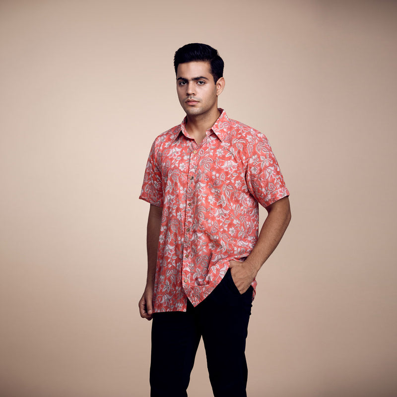 Vibrant Citrus Blossom: Printed Orange Cotton Shirt