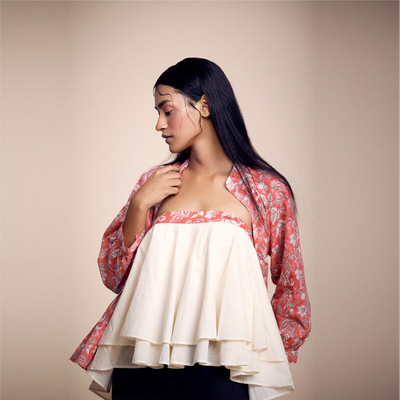 Orange Printed Cotton Jacket With Tube Top Set