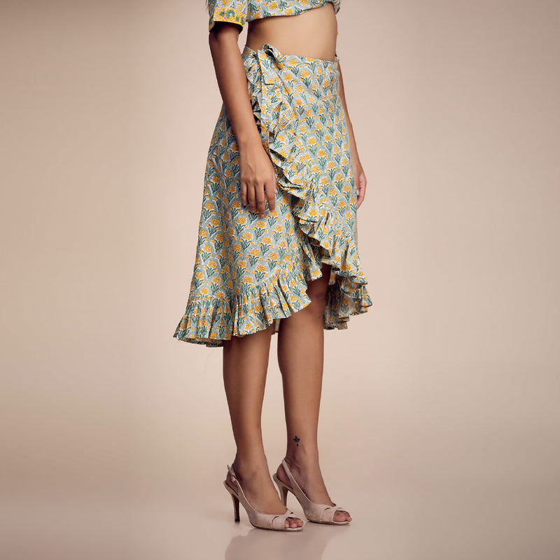 Green-Yellow Printed Cotton Skirt