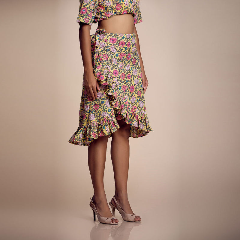 Yellow Floral Printed Cotton Skirt