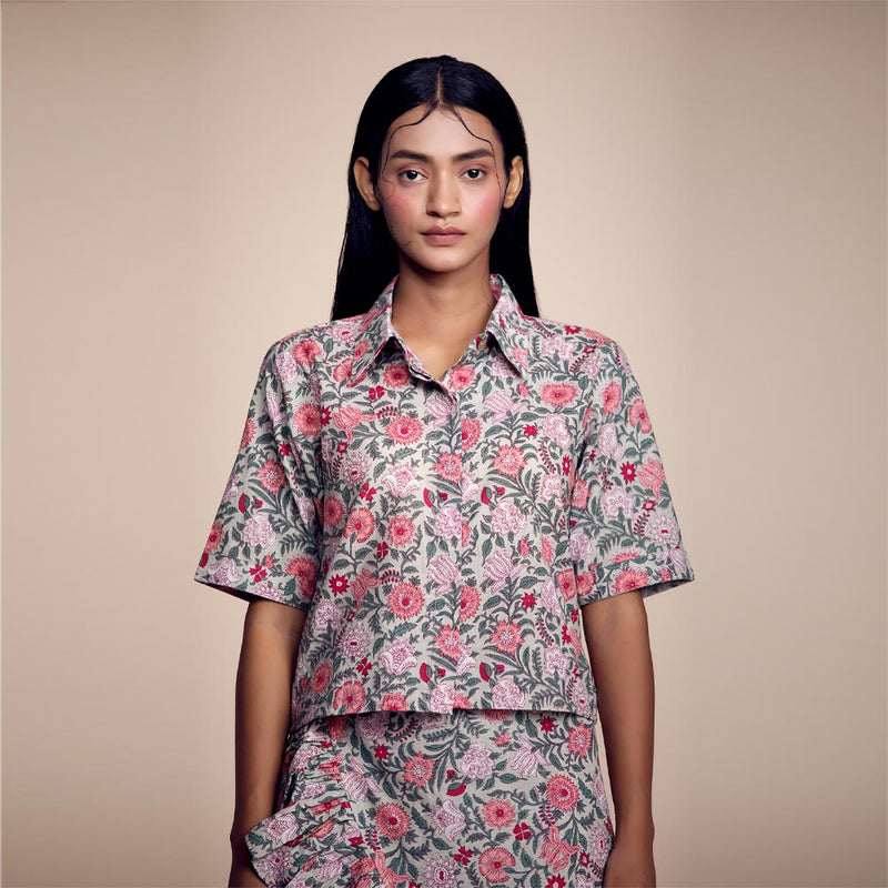 Green-Pink Floral Cotton Printed Crop Shirt