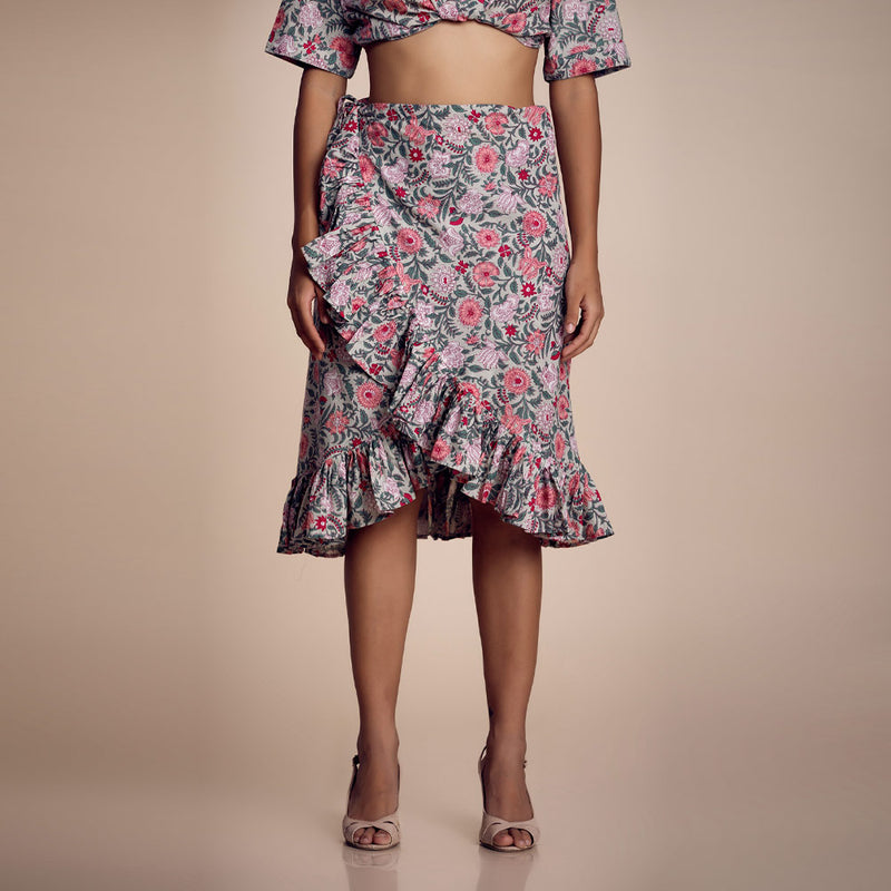 Green-Pink Floral Printed Cotton Skirt