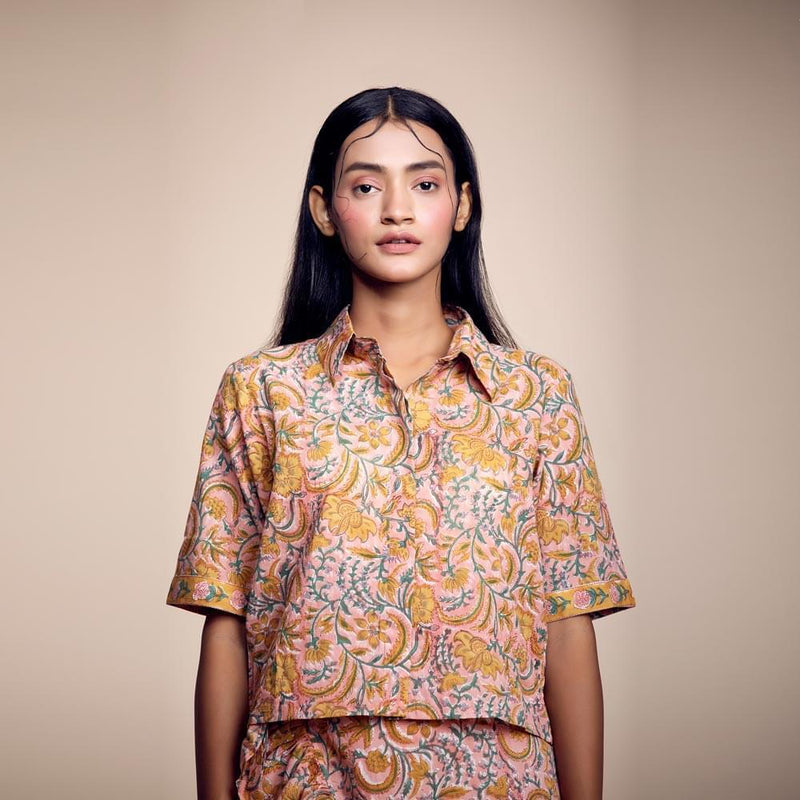 Terra Chic: Trendy Burnt-Orange Cotton Printed Crop Shirt for Fashion-forward Looks