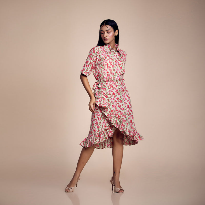 Red-Green Floral Printed Cotton Co-ord