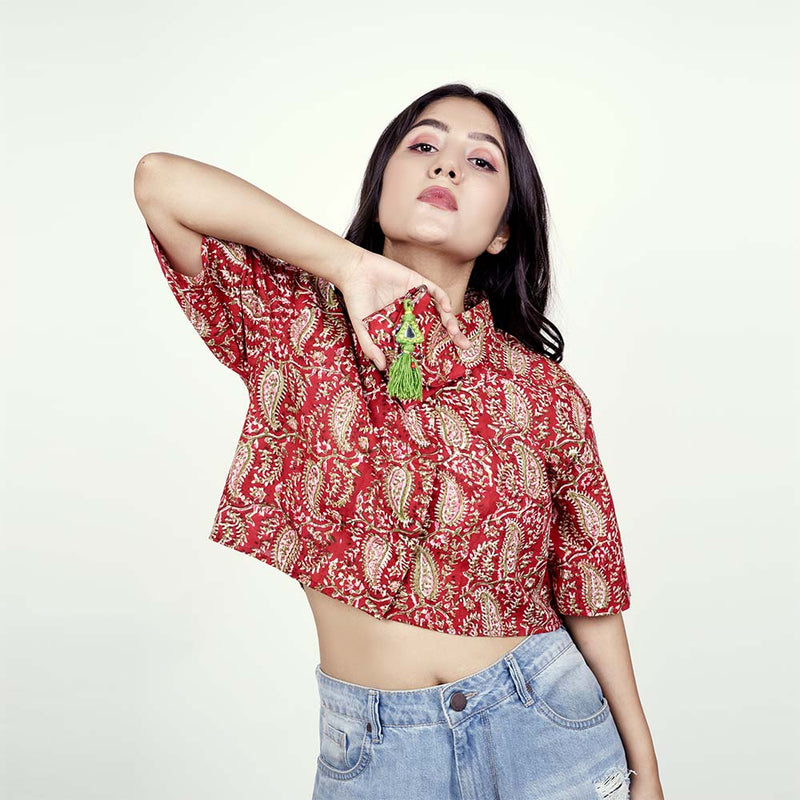 Scarlet Chic: Trendy Red Cotton Crop Shirt for Stylish Impact