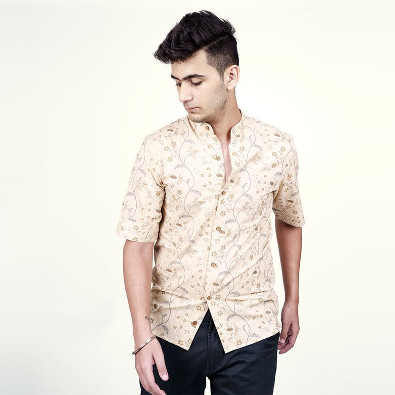 Sophisticated Simplicity:Beige Cotton Printed Shirt with Timeless Elegance