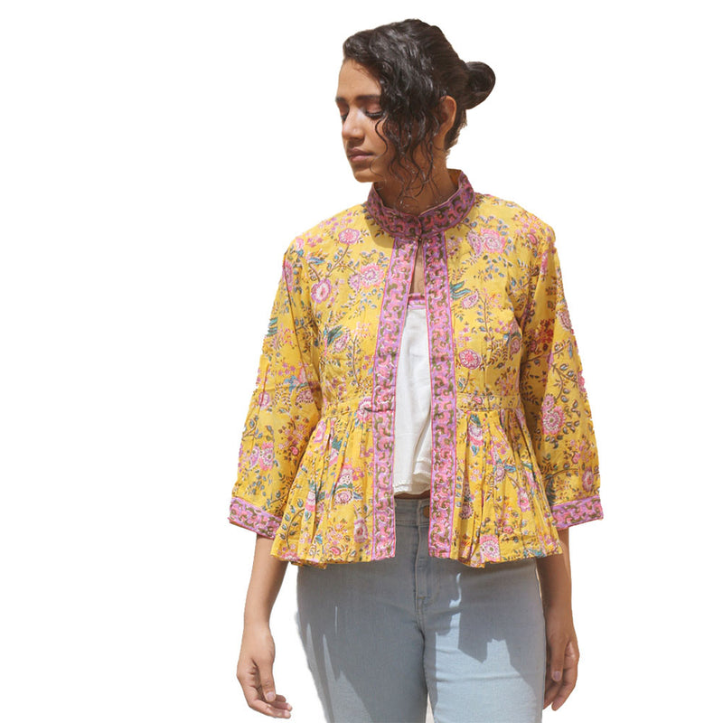 Sunshine Chic: 2-Piece Yellow Cotton Jacket and Tube Top Ensemble